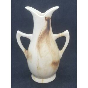 Authentic Kurja Pottery Two Handled Vase Cream Brown Swirl India Pottery